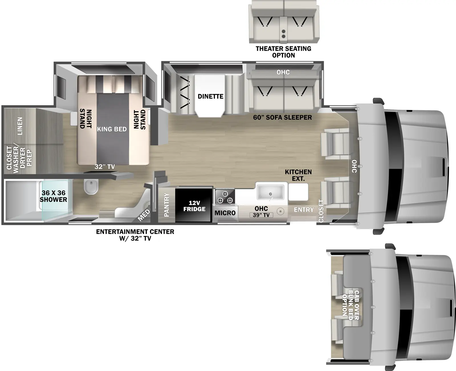The Europa 31SS floorplan has one entry and two slide outs. Exterior features include: 16' awning and outside entertainment. Interiors features include: rear bedroom, bunk over cab and dinette.